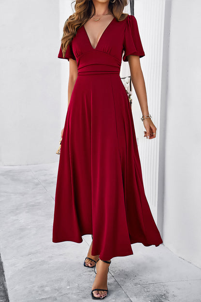 Slit V-Neck Short Sleeve Dress (4 Colors)