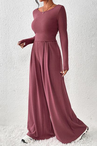 Ribbed Round Neck Top and Wide-Leg Pants Set (3 Colors)