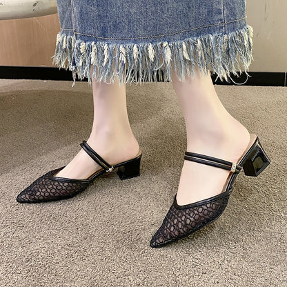 Mesh Point Toe Block Heel Sandals