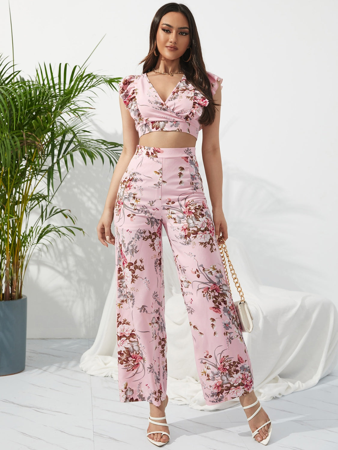 Printed Surplice Cap Sleeve Top and Pants Set in Blush Pink