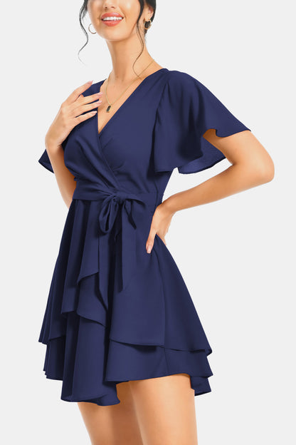 Surplice Neck Flutter Sleeve Dress (9 Colors)