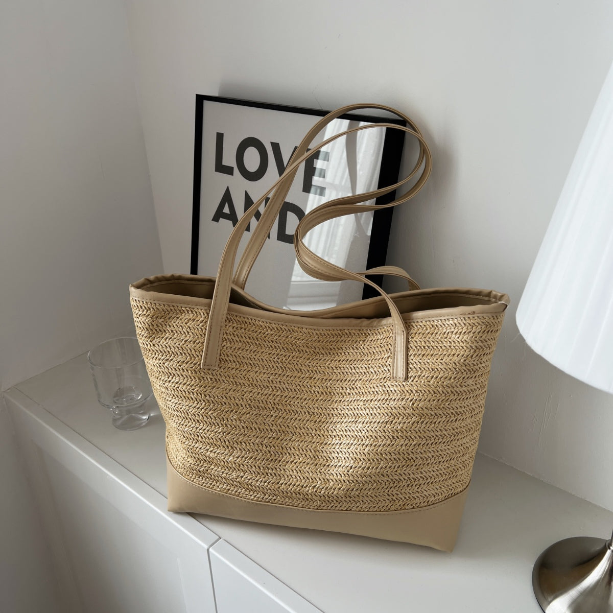 Straw Weave Leather Strap Tote Bag (2 Colors)