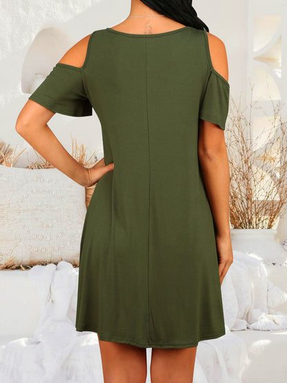 Round Neck Cold Shoulder Short Sleeve Dress (2 Colors)
