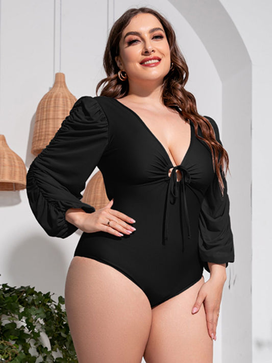 Plus Size Tied Deep V Balloon Sleeve One-Piece Swimsuit (2 Colors)