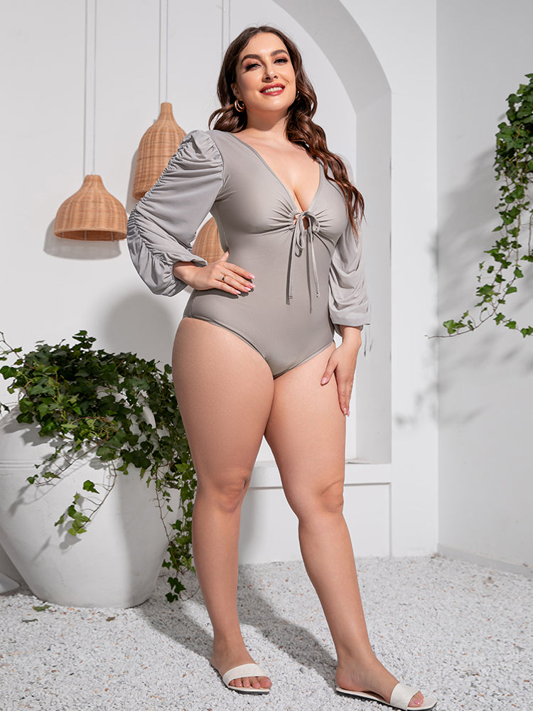 Plus Size Tied Deep V Balloon Sleeve One-Piece Swimsuit (2 Colors)