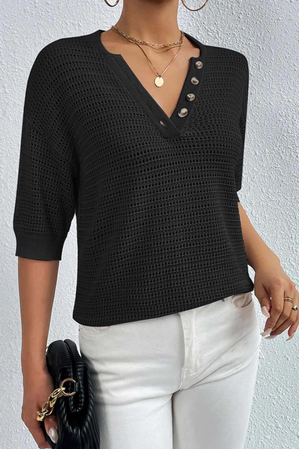 Openwork Half Button Dropped Shoulder Knit Top (4 Colors)