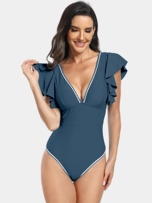 Plunge Cap Sleeve One-Piece Swimwear (6 Colors)