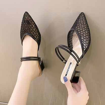 Mesh Point Toe Block Heel Sandals