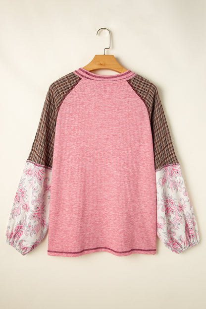 Plaid Floral Patchwork Round Neck Long Sleeve Top