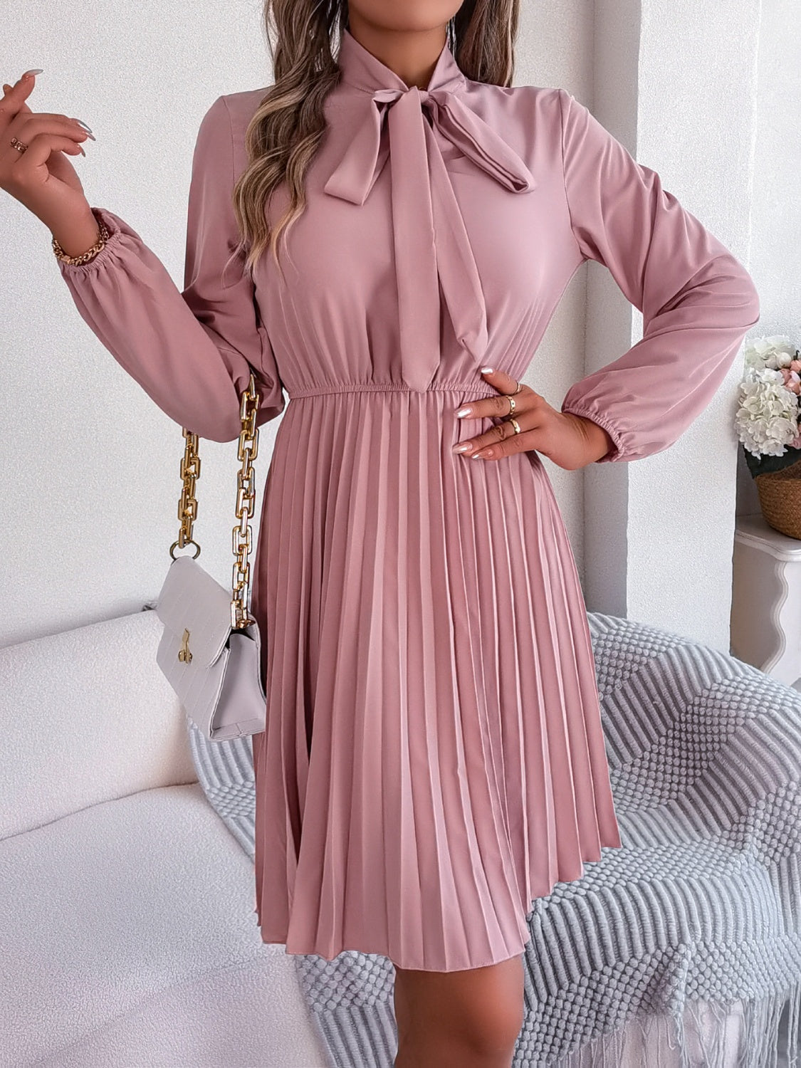 Tie Neck Balloon Sleeve Pleated Dress (5 Colors)