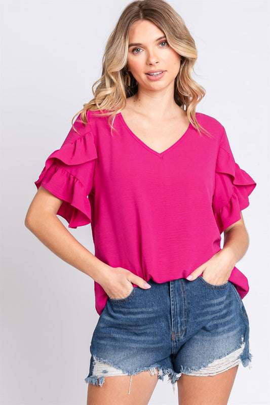 Magenta V-Neck Ruffle Trim Short Sleeve Blouse