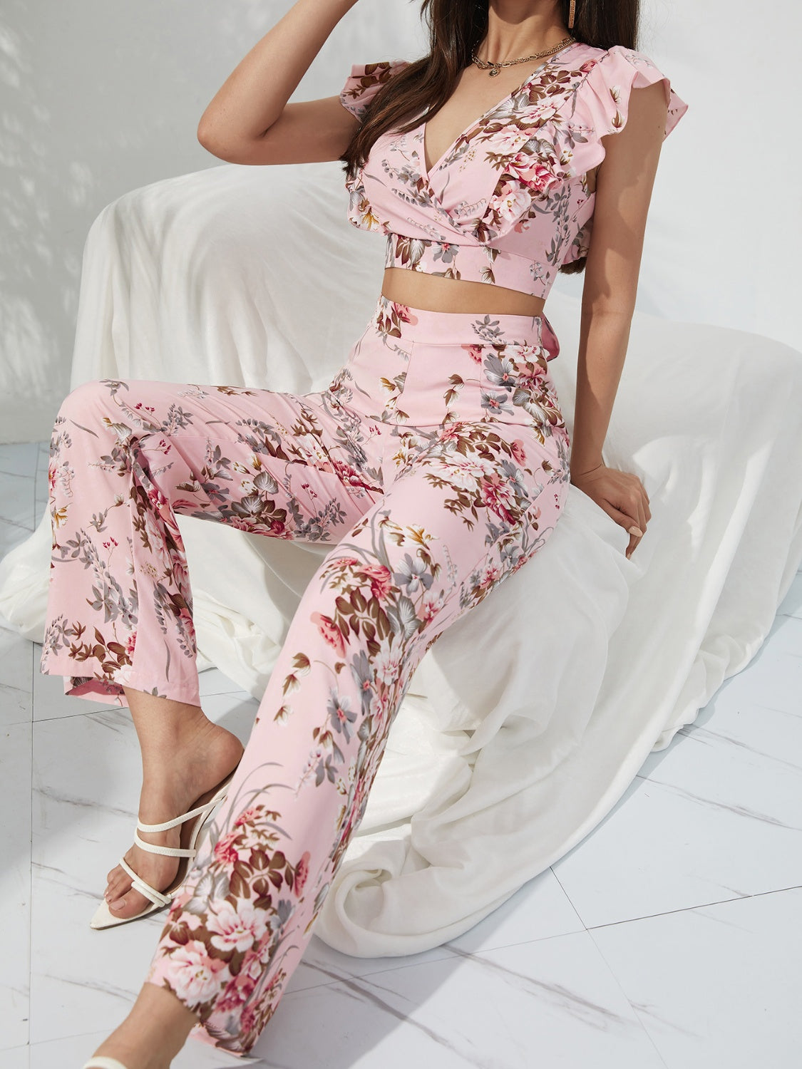 Printed Surplice Cap Sleeve Top and Pants Set in Blush Pink