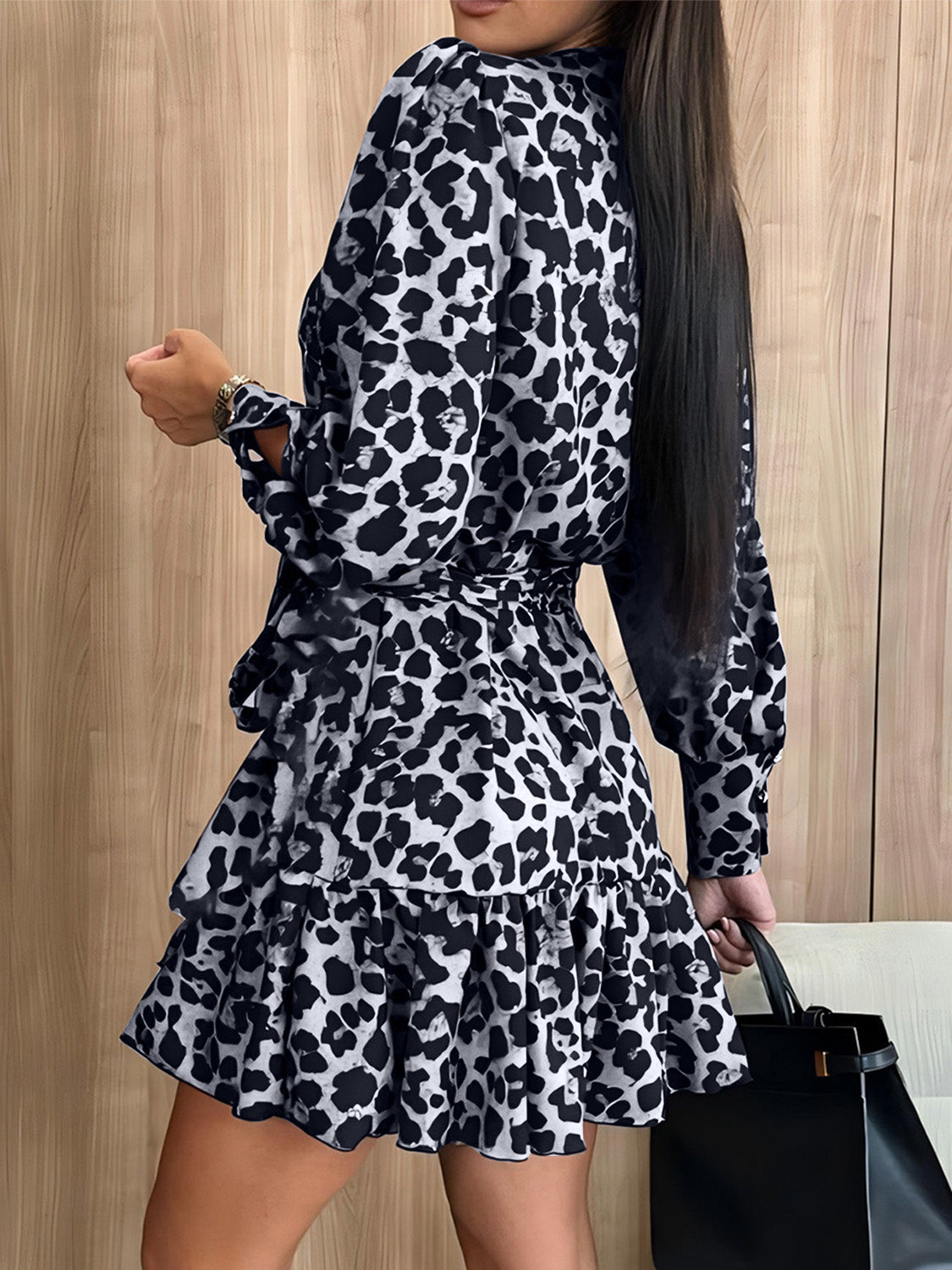 Tied Leopard Surplice Long Sleeve Dress