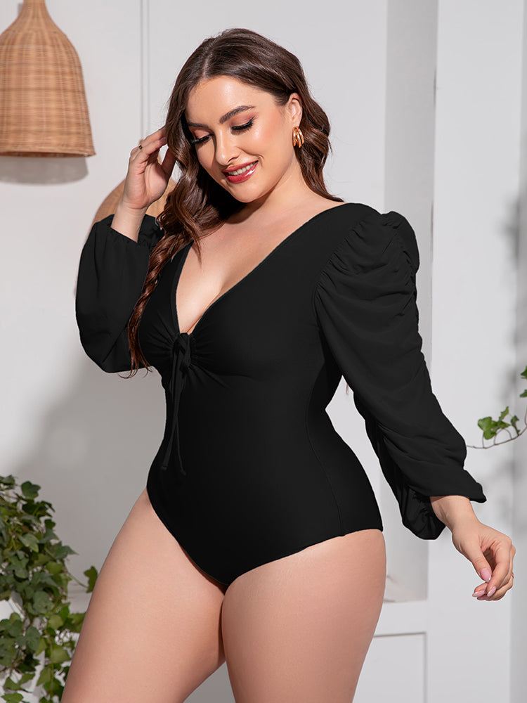 Plus Size Tied Deep V Balloon Sleeve One-Piece Swimsuit (2 Colors)