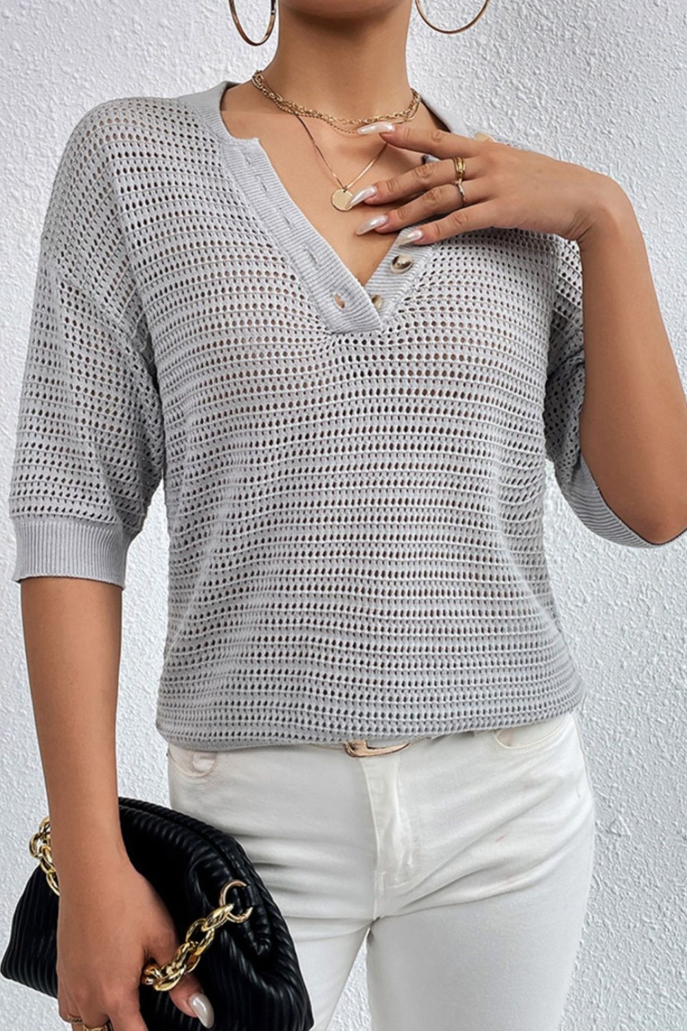 Openwork Half Button Dropped Shoulder Knit Top (4 Colors)