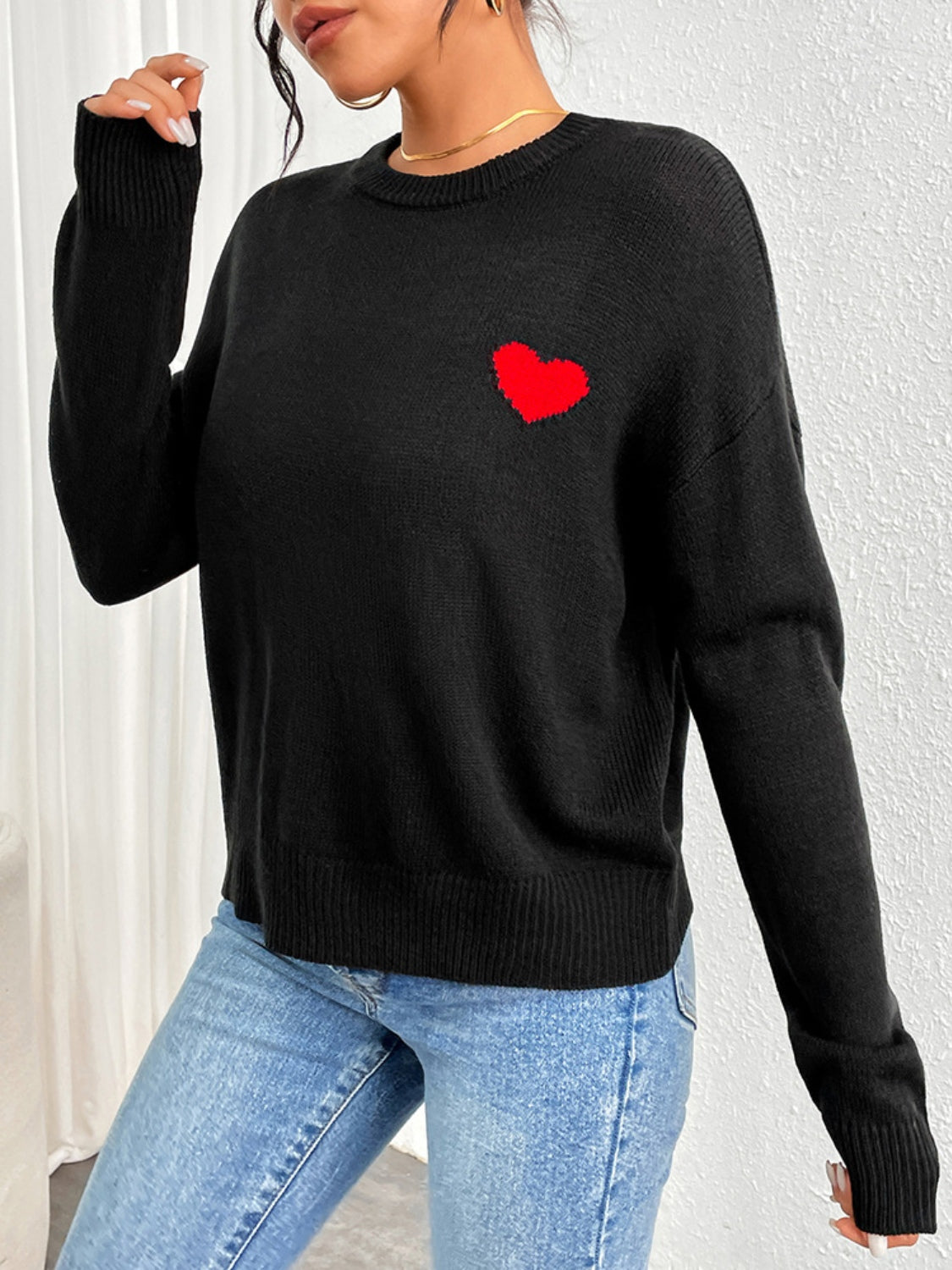 Heart Round Neck Long Sleeve Sweater