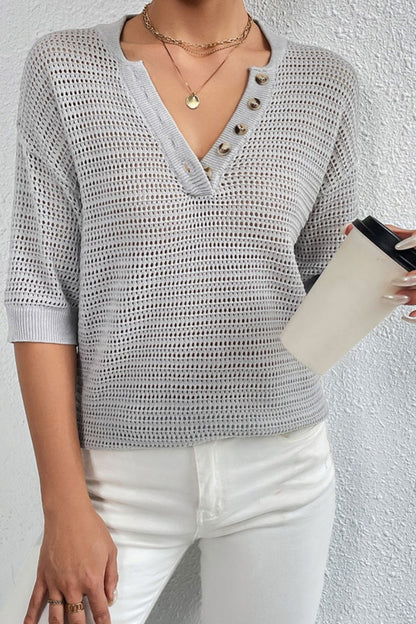 Openwork Half Button Dropped Shoulder Knit Top (4 Colors)