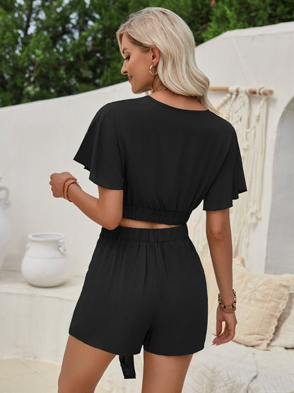 Surplice Flutter Sleeve Top and Tied Shorts Set (3 Colors)