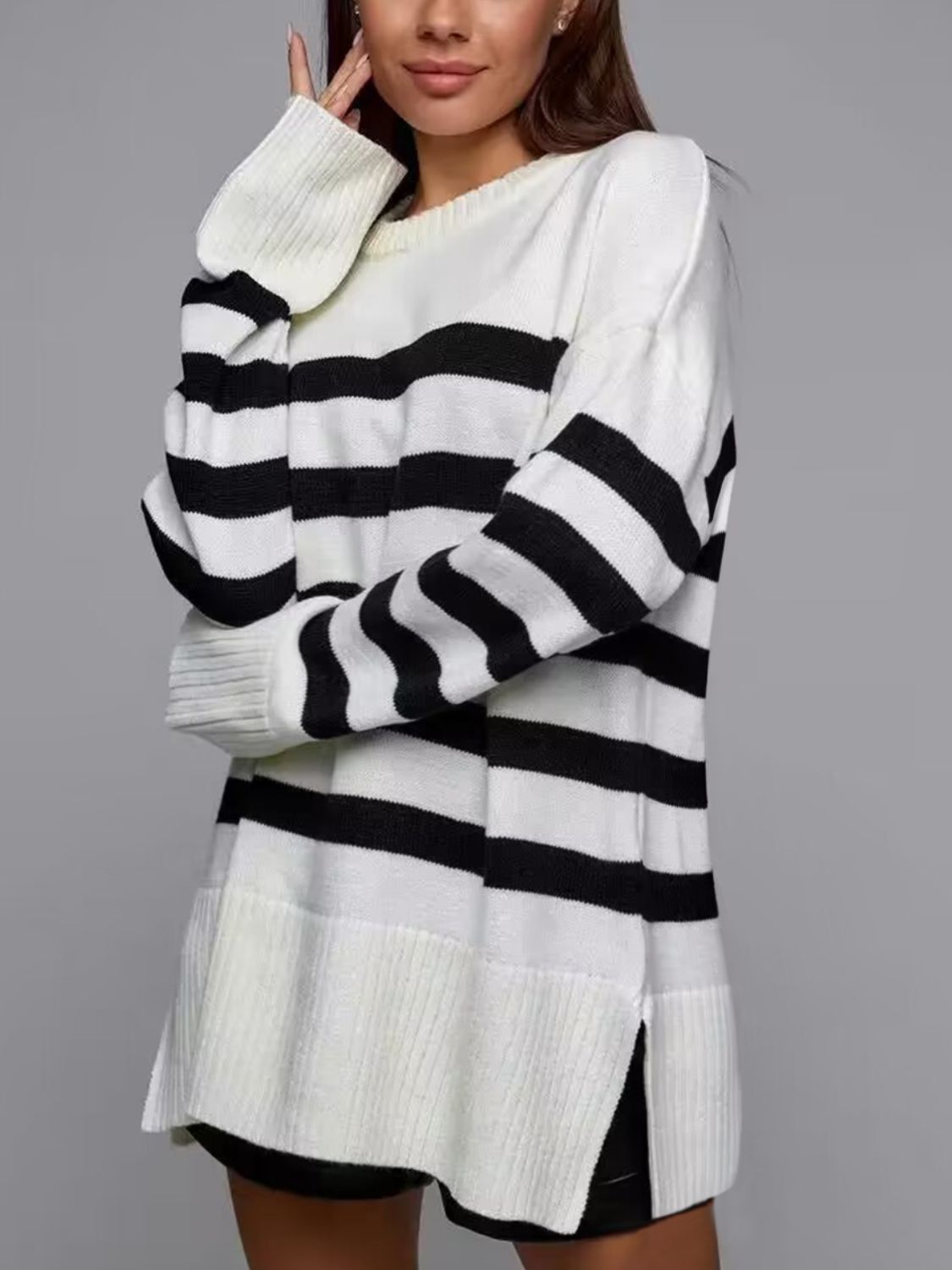 Slit Striped Round Neck Sweater