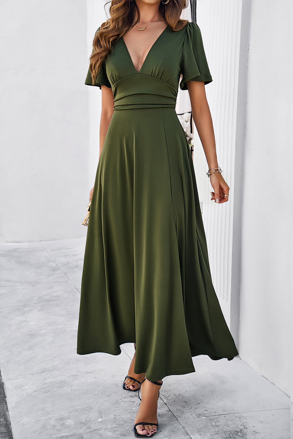 Slit V-Neck Short Sleeve Dress (4 Colors)