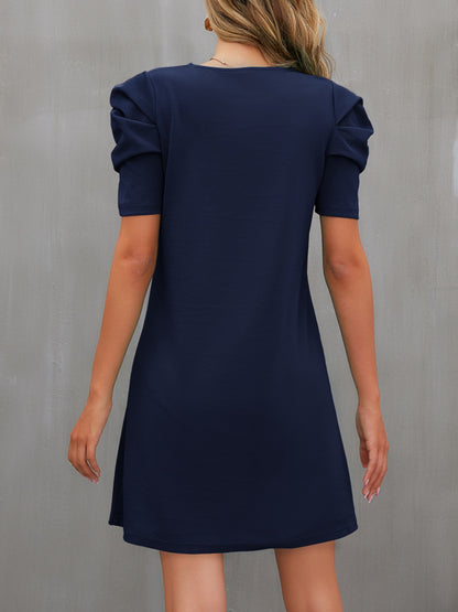 Round Neck Puff Sleeve Mini Dress (4 Colors)