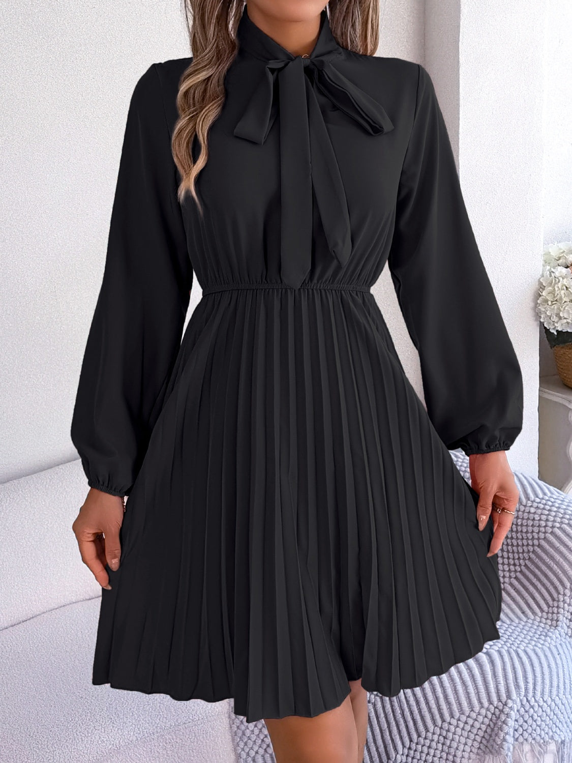 Tie Neck Balloon Sleeve Pleated Dress (5 Colors)