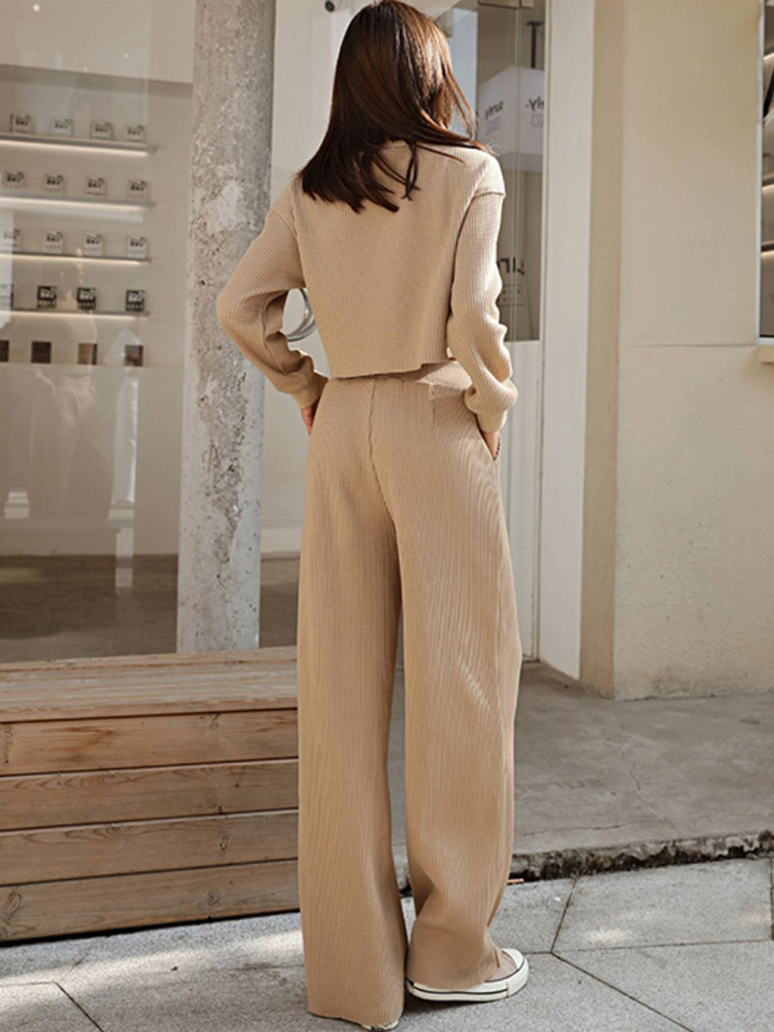 Waffle-Knit Round Neck Top and Pants Set (4 Colors)