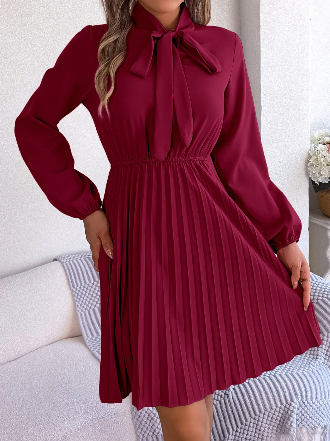 Tie Neck Balloon Sleeve Pleated Dress (5 Colors)