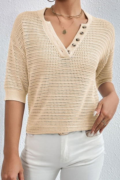 Openwork Half Button Dropped Shoulder Knit Top (4 Colors)