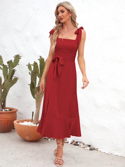 Square Neck Tie Strap Midi Dress (7 Colors)