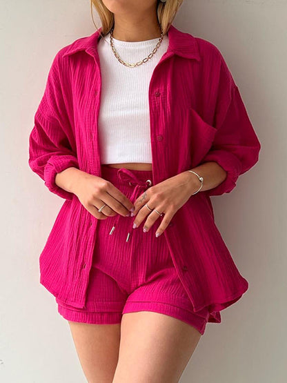 Outfit Set - Texture Button Up Shirt and Drawstring Shorts (11 Colors up to 2XL)