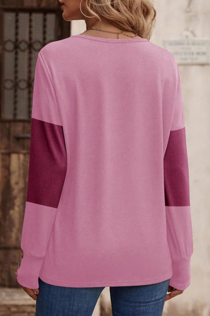 Decorative Button Contrast V-Neck Long Sleeve T-Shirt