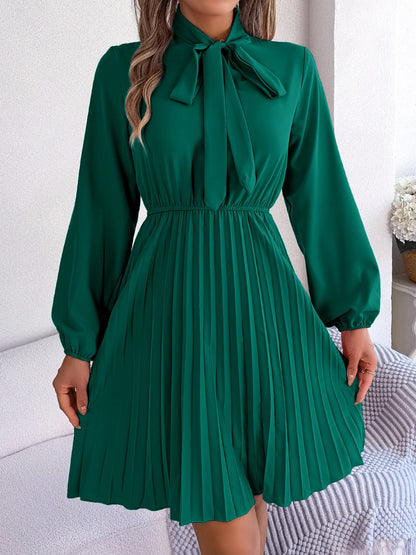 Tie Neck Balloon Sleeve Pleated Dress (5 Colors)