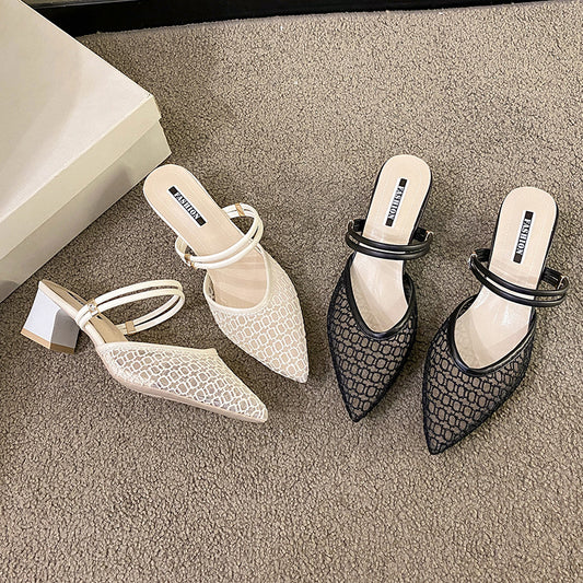 Mesh Point Toe Block Heel Sandals