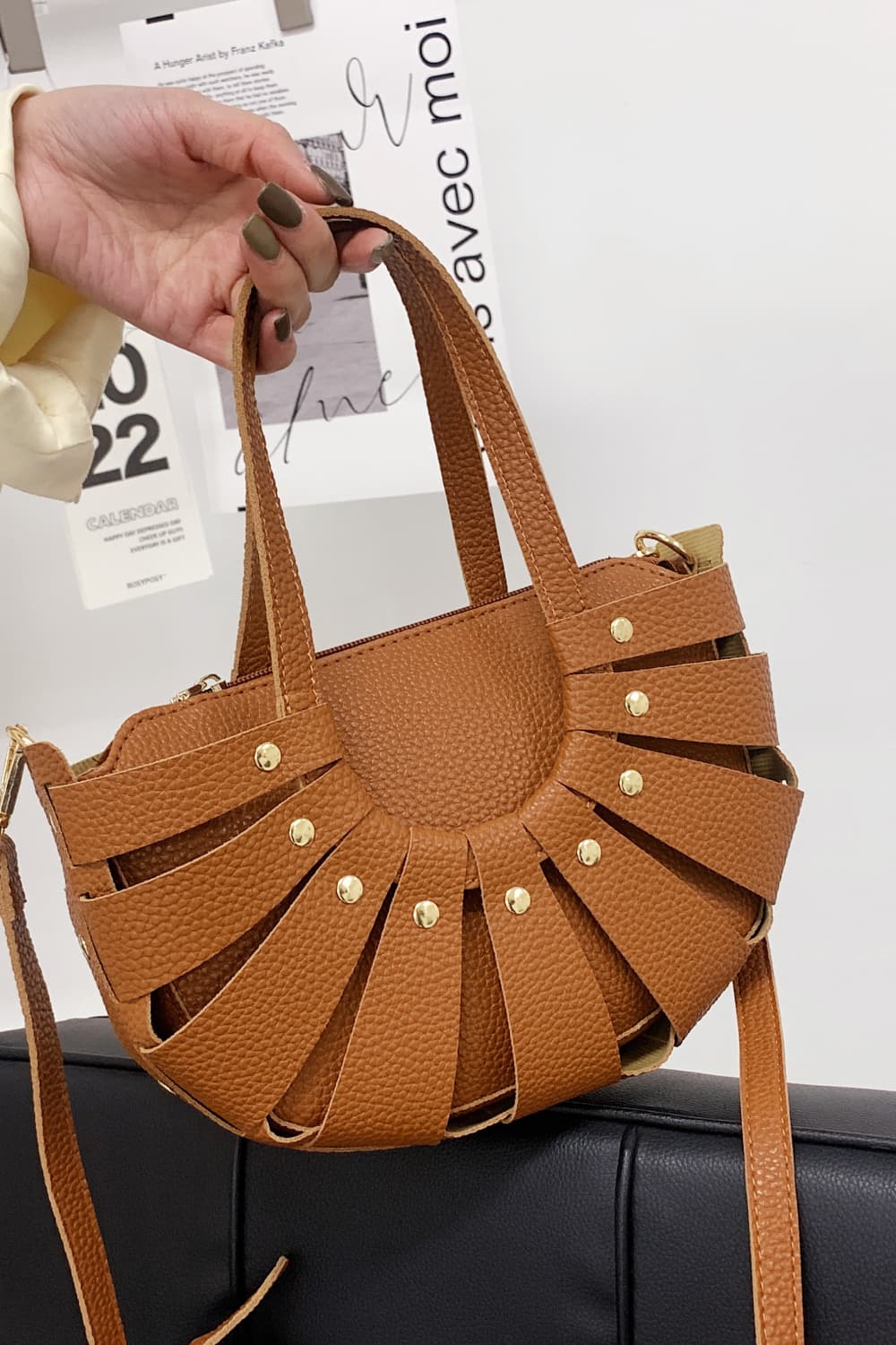 PU Caramel Leather Strap Fan Handbag