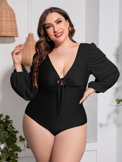 Plus Size Tied Deep V Balloon Sleeve One-Piece Swimsuit (2 Colors)