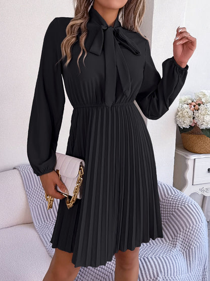 Tie Neck Balloon Sleeve Pleated Dress (5 Colors)