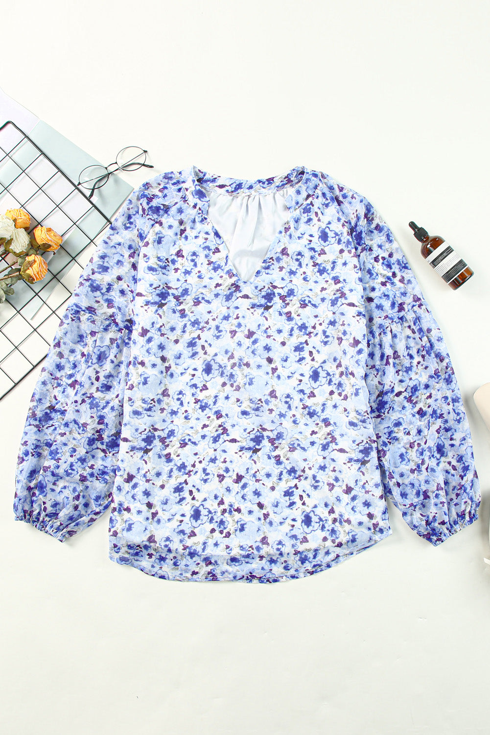 Floral Notched Balloon Sleeve Blouse (3 Colors)