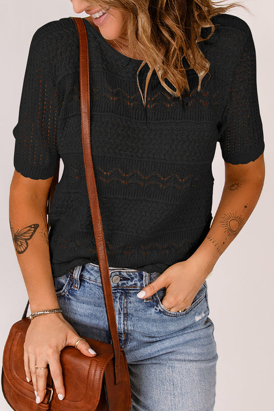 Round Neck Short Sleeve Knit Top in Black