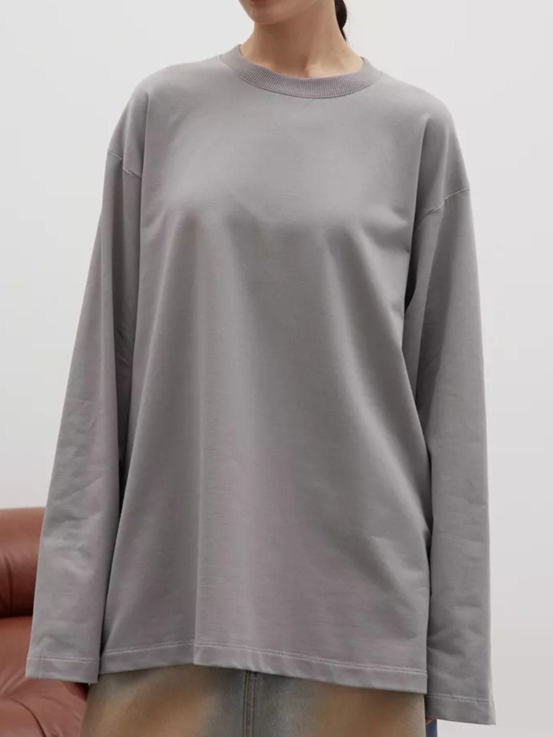 Round Neck Dropped Shoulder Long Sleeve T-Shirt