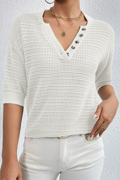 Openwork Half Button Dropped Shoulder Knit Top (4 Colors)