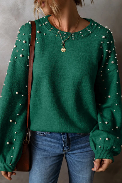 Pearl Detail Round Neck Long Sleeve Sweater