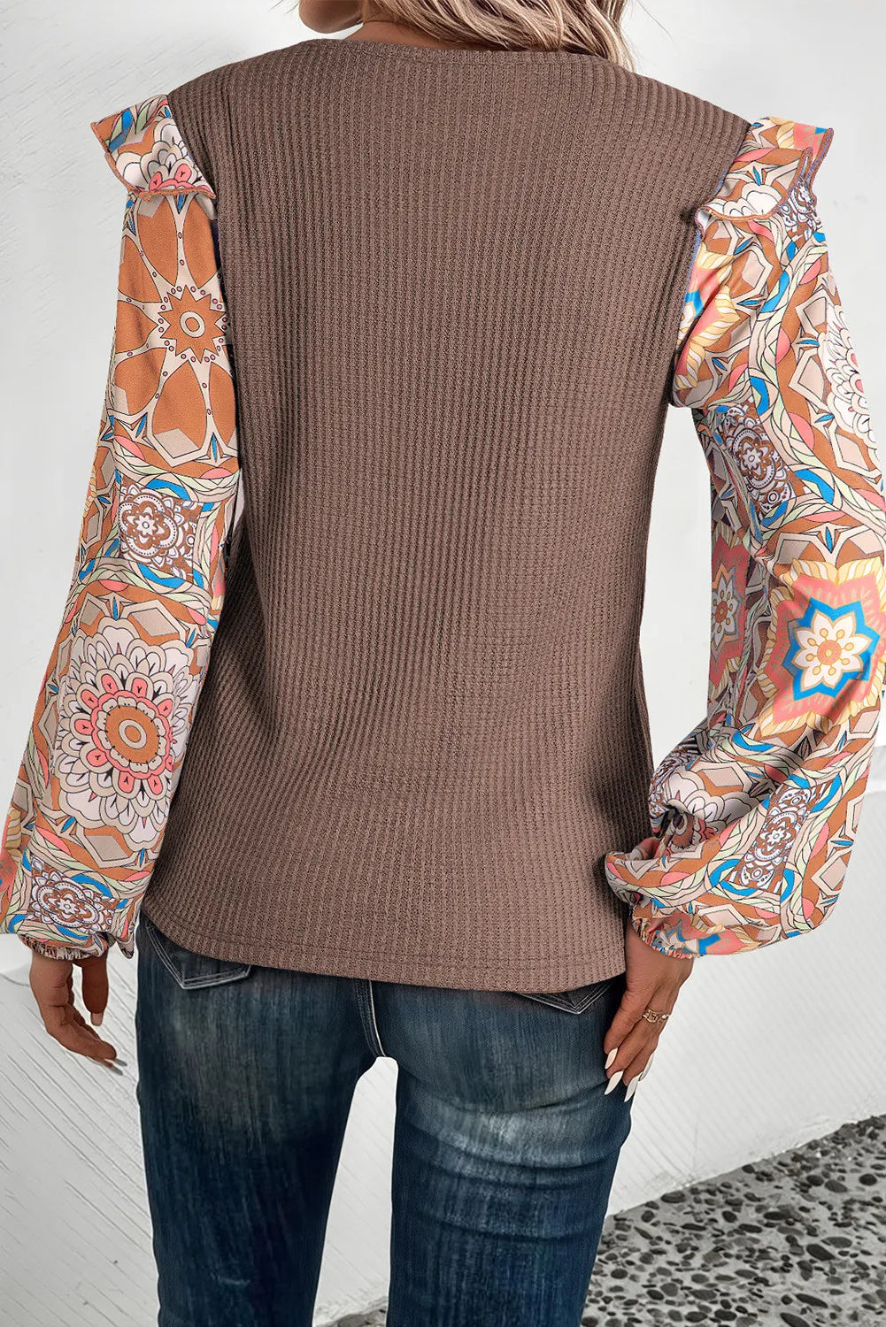 Ruffled Printed Round Neck Long Sleeve Top