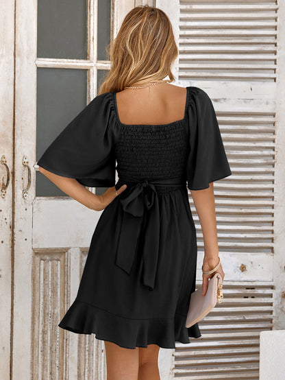 Smocked Tie Back Ruffle Hem Dress (3 Colors)