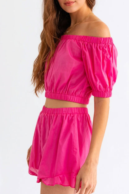 Pink Off Shoulder Crop Top and Ruffled Shorts Set