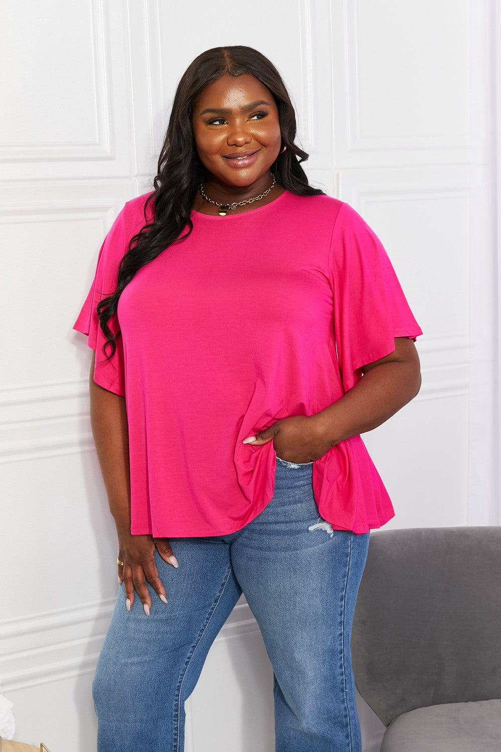 Hot Pink Full Size More Than Words Flutter Sleeve Top