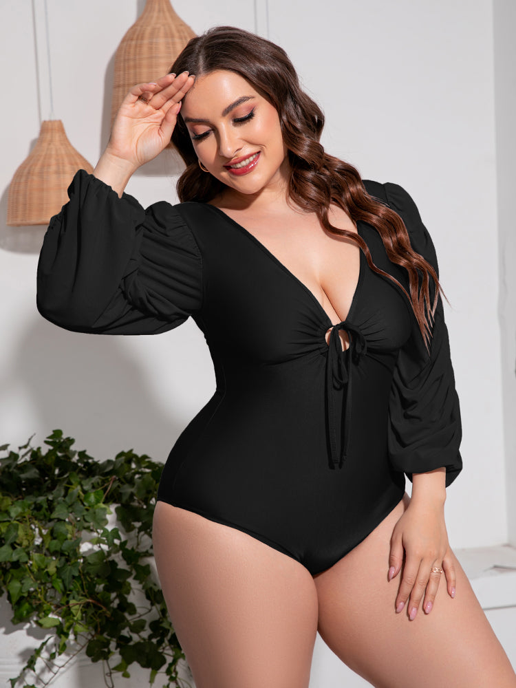 Plus Size Tied Deep V Balloon Sleeve One-Piece Swimsuit (2 Colors)