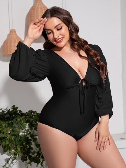 Plus Size Tied Deep V Balloon Sleeve One-Piece Swimsuit (2 Colors)