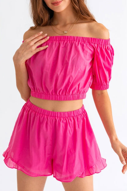 Pink Off Shoulder Crop Top and Ruffled Shorts Set