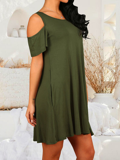 Round Neck Cold Shoulder Short Sleeve Dress (2 Colors)